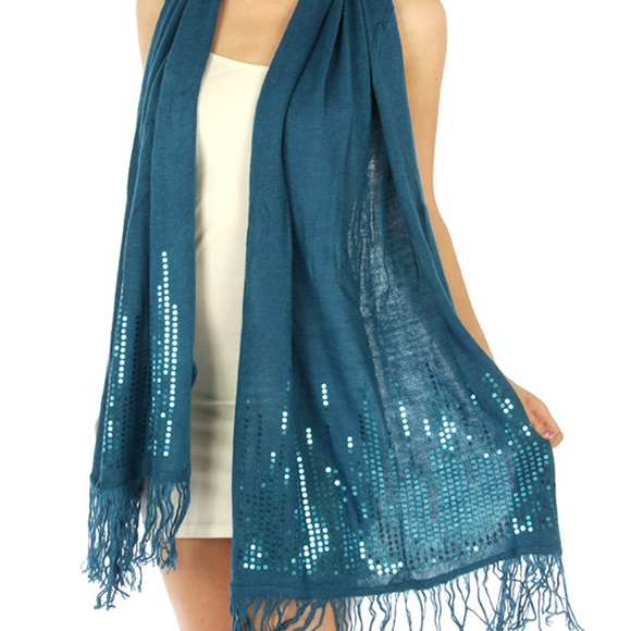 Sequin Sweater Knit Evening Wrap Shawl Scarf Teal - Picture 2 of 4